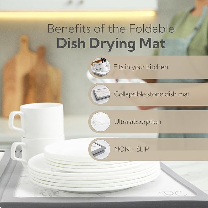 DON & CLAIRE Stone Dish Drying Mat for Kitchen Counter - Quick Drying, Super Absorbent, Non-Slip Mat for Dishes, Glassware, Fast Dry Stone Mat for Kitchen Sink, Easy to Clean | (21.5" x 16.3", Marble)