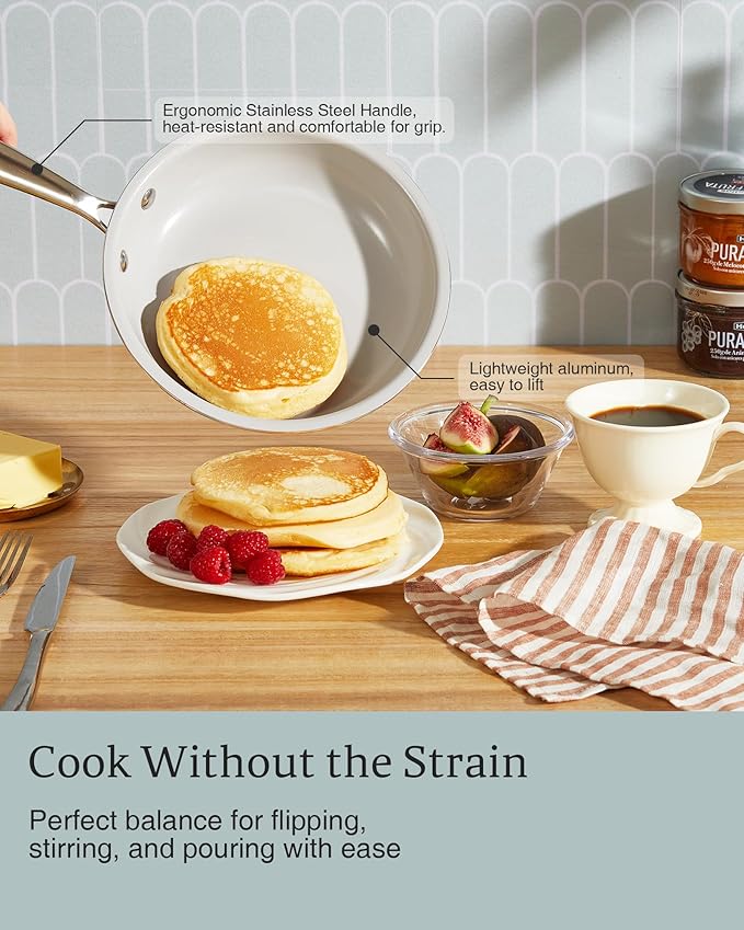 KITEXPERT Non Stick Frying Pans, Titanium Ceramic Skillet Set for Cooking, 8" 9.5" 11" Non Toxic Ceramic Pans with Stay Cool Handle, PFAS & PTFE & PFOA Free, Dishwasher and Oven Safe, Cream