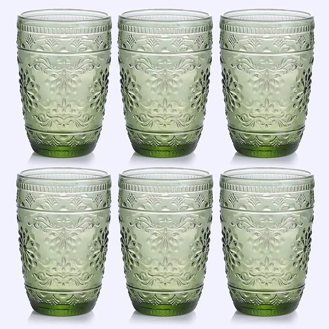 6Pcs 14OZ Drinking Glasses, Green Drinking Glasses, Colored Glassware Drinking, Highball Beverage Glasses Cup, Vintage Glassware Set for Water, Juice, Cocktail, Coffee