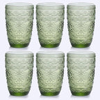 6Pcs 14OZ Drinking Glasses, Green Drinking Glasses, Colored Glassware Drinking, Highball Beverage Glasses Cup, Vintage Glassware Set for Water, Juice, Cocktail, Coffee