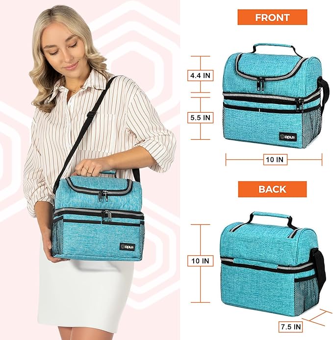 OPUX Lunch Box For Men Women, Insulated Large Lunch Bag Adult Work, Double Decker Lunchbox Meal Prep Dual Compartment Leakproof Lunch Cooler,Soft Lunch Tote Boys Girls Kids School, Aqua Turquoise 12L