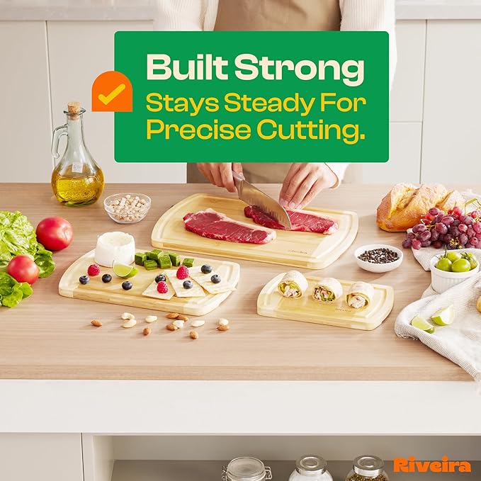 Riveira Two Tone Bamboo Wood Cutting Board – Versatile And Durable: Set Of 3 Pcs Rectangular Wooden Cutting Board – Natural Wooden Cutting Boards For Kitchen – Complete Bamboo Wooden Chopping Board
