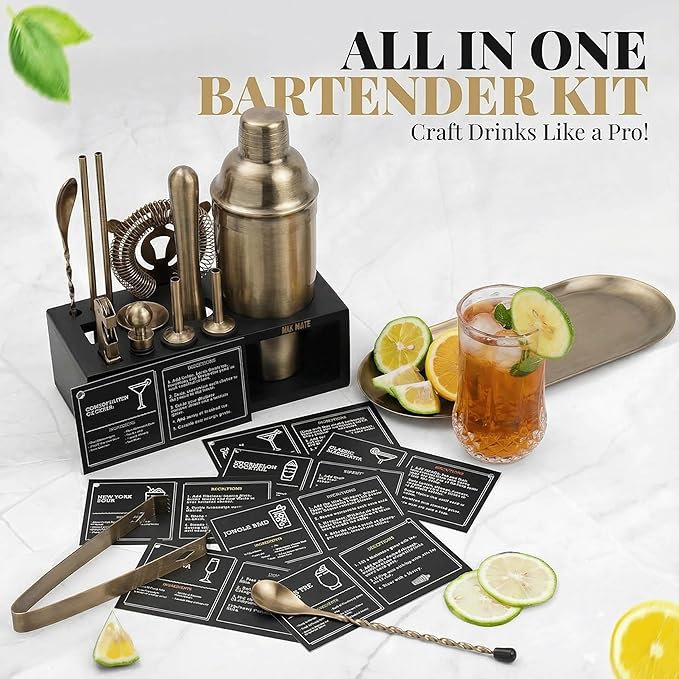 Brushed Brass Mixology Kit - 15 Piece Bar Tool Set, Silver Bar Set Cocktail Shaker Set for Drink Mixing - Includes Martini Shaker, Jigger, Strainer, Bar Mixer Spoon, Tongs, Opener | Gift Idea