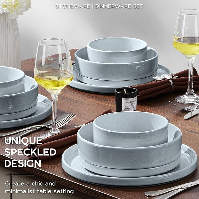Dinner Plates and Bowls Sets, Onader 8 Pieces Stoneware Dinnerware Service for 2, Gray Ceramic Kitchen Dish Set, Speckled Dishware Dining Ware - Slate Gray