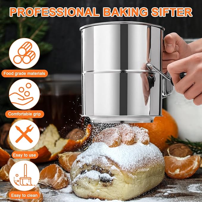 Flour Sifter,8 Cup Stainless Steel Flour Sifters,4 in 1 Baking Sifter Set with Powder Sugar Shaker Duster,Strainers Fine Mesh and Metal Scoop for Baking Cake,Pastries,Pies,Cupcakes,Desserts