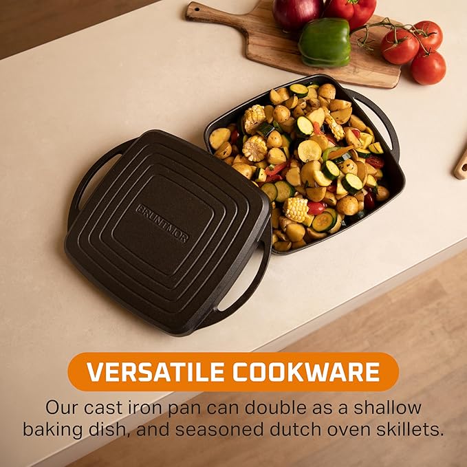 Bruntmor 2-in-1 Pre-Seasoned Cast Iron Dutch Oven with Grill Pan Lid and Handles - 11 Inch Non Stick Square Cast Iron Skillets for Braising, Grilling, and Frying - Heat-Resistant to Oven and Stovetop