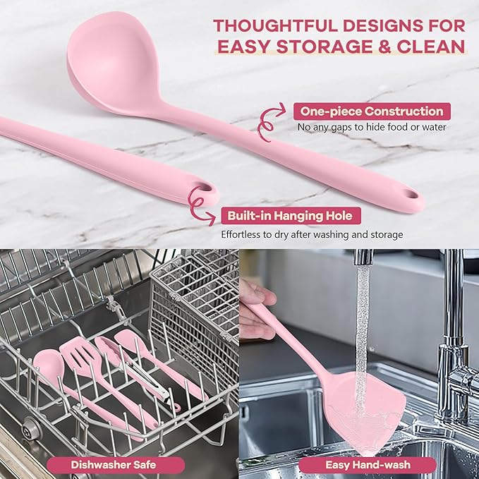 TeamFar Kitchen Cooking Utensils, 10 pcs Silicone Cooking Utensils Set, 446°F Heat Resistant Kitchen Gadgets Tools Set w/Spatula, Turners, Spoons, Soup Ladle, Pasta Server for Nonstick Cookware, Pink