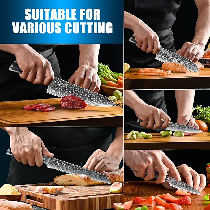 Sunnecko Damascus Kitchen Knife Set 5 Piece, Sharp Chef Knife Set Professional Kitchen Knives Sets Full Tang with Gift Box