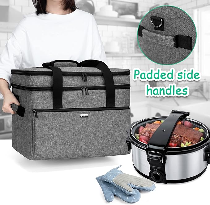 Yarwo Slow Cooker Bag Compatible with Crock-Pot/Hamilton Beach 8-10 Quart, Double Layers Slow Cooker Travel Carrier Case for Kitchen Appliance and Accessories, Gray (Bag Only)