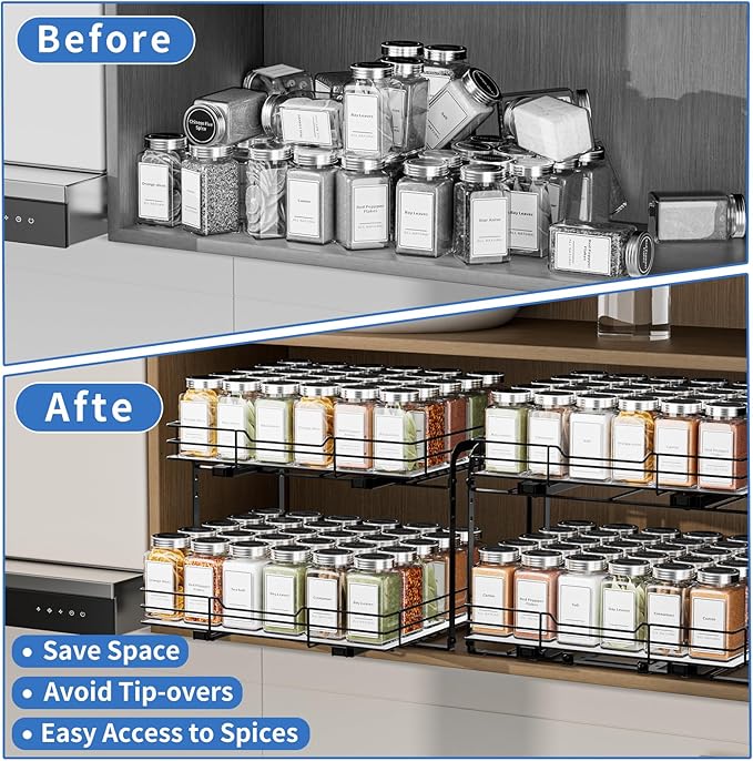 2-Tier Pull Out Spice Rack, Spice Rack Organizer, Pull Out Spice Racks for Inside Cabinets, Height Adjustable Heavy Duty Metal Basket for Inside Cabinet & Pantry (13.5''Wx10.5''Dx9.5''H)