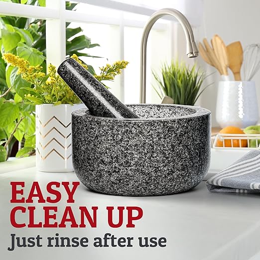 Priority Chef Heavy Duty Large Mortar and Pestle Set, 100% Granite, Non Slip Base, Make Fresh Guacamole, Salsa, Pesto, Stone Grinder Bowl, Herb Crusher, Spice Grinder, 4 Cup - Black