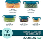 Rachael Ray Leak-Proof Nestable Container Food Storage Bin Set, 10-Piece Square, Teal Lid