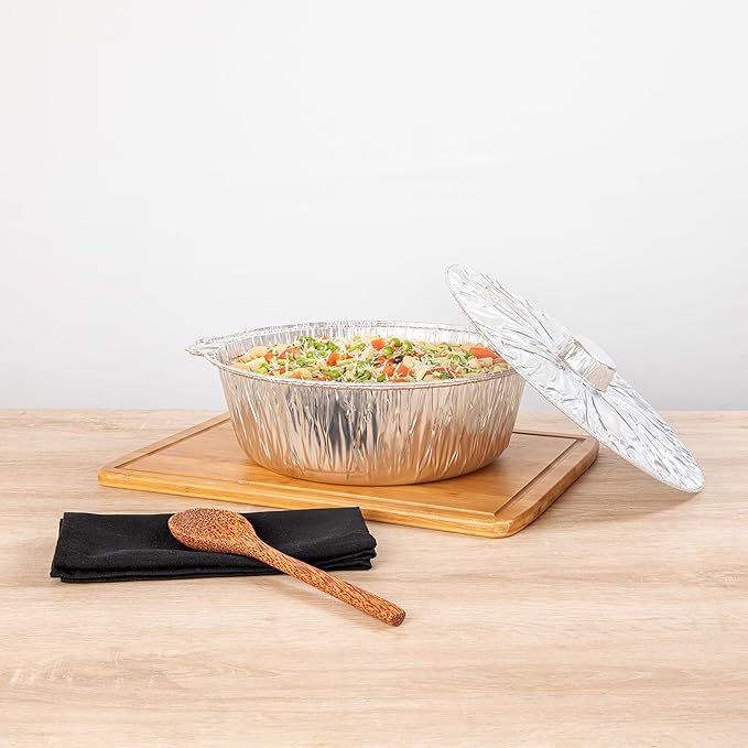 Foil Lux 8.5 Quart Pans And Lids, 50 Disposable Pots With Lids - Oven-Ready, Stove Compatible, Aluminum Foil Baking Pans, Freezable, For Outdoor Camping, Vacation, Picnic, And More - Restaurantware