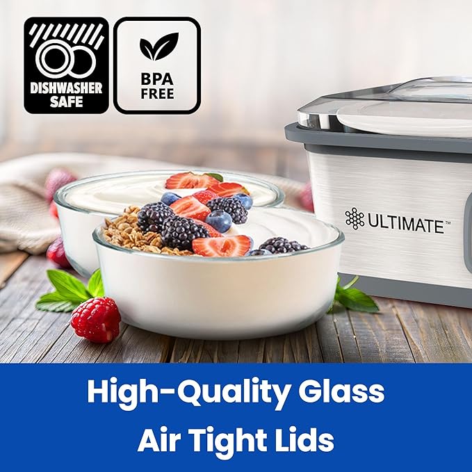 Ultimate Yogurt Containers 2 Pack - Make More Yogurt with 1-Quart Glass Containers (4 Cup) - Perfect for Food Storage & Meal Prep - 100% BPA free & Oven Safe Round Bowl Set with Lids