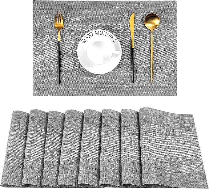 Leetaltree Grey Placemats, Heat Resistant Non-Slip Place mats for Dining Table, Washable Durable PVC Vinyl Woven Table Mats (Set of 8)