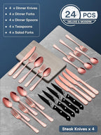 EUIRIO 24 Pieces Copper Silverware Set with Steak Knives, Rose Gold Silverware Flatware Set for 4, Stainless Steel Spoons Forks Knives Set, Mirror Cutlery with Unique Floral Laser, Dishwasher Safe