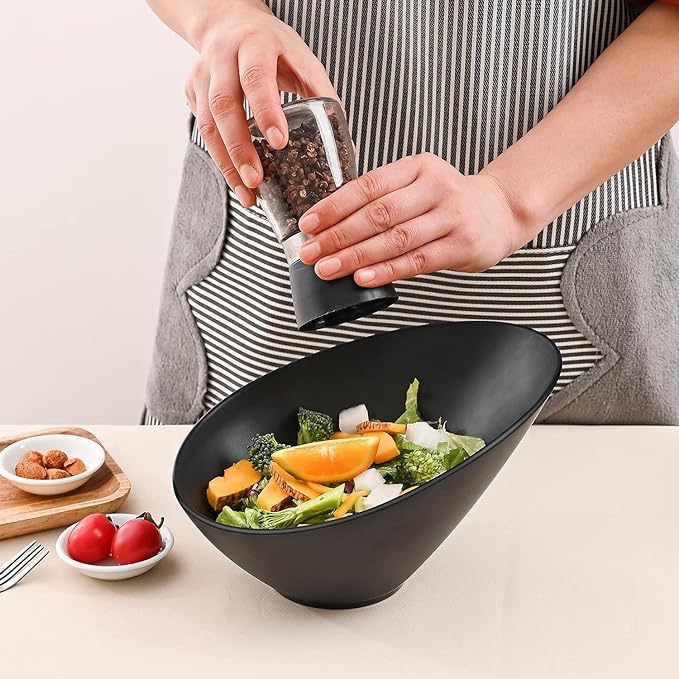 Bamboo Fiber Salad Bowls, 2 Packs Serving Black, Compostable 33 Ounce Elegant Black Angled Bowls for Salad, Pasta, Soup, Prep, Ideal for Home and Restaurant