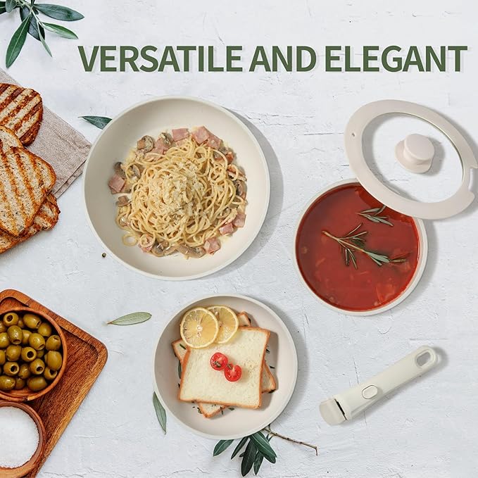 8pcs Ceramic Pots and Pans Set, Non Stick Cookware Set, Detachable Handle Cookware, Induction Kitchen Cooking Set with Removable Handle,Oven Safe, Induction Fast, Stackable Cookware Set