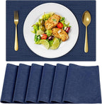 Cloth Placemats, Set of 6 Heat-Resistant Cotton Linen Blend Double Layered Machine Washable Place Mats, Wrinkle Free Thick Fabric Dining Table Mats for Indoors & Outdoors (Navy Blue, 6)