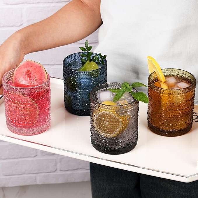 Cocktail Glasses 10 oz Hobnail Drinking Glasses Set of 6, Vintage Glassware, Textured Glass Cups Bubble Glasses Water Glasses Old Fashion Jupiter Glasses Set, Blue