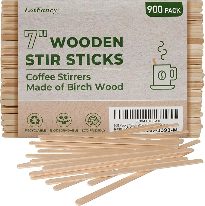 LotFancy 900Pcs Coffee Stirrers, 7 inch Birch Wood Coffee Stir Sticks, Sturdy Wooden Sticks, Great for Your Coffee Nook, Splinter Free, Round End