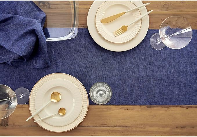 Solino Home Linen Short Table Runner 36 Inches - Athena, 100% Pure Linen Chambray Navy Table Runner 14 x 36 Inch Ideal for Dresser and Coffee Tables - Summer, Fall, Autumn, Halloween