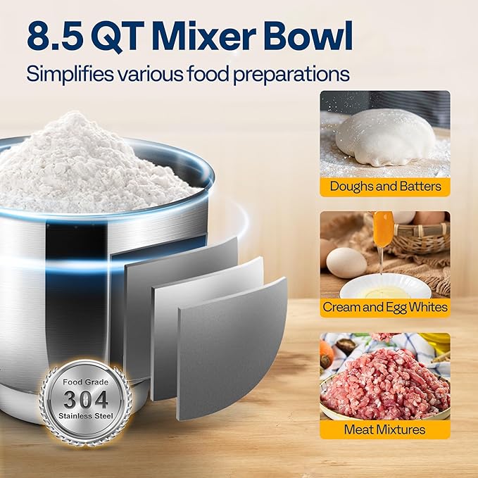 VIVOHOME 6 in 1 Multifunctional Stand Mixer with 8.5 Quart Stainless Steel Bowl, 660W 10 Speed Tilt-Head Meat Grinder, Juice Blender, Vegetable Slicer, Pasta and Cookie Maker, Blue