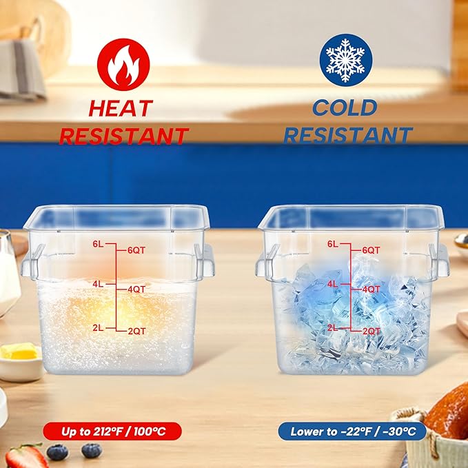 4 Pack 6 Quart Food Storage Containers with Lids, Polycarbonate Square Commercial Food Containers, NSF, Clear, New Version