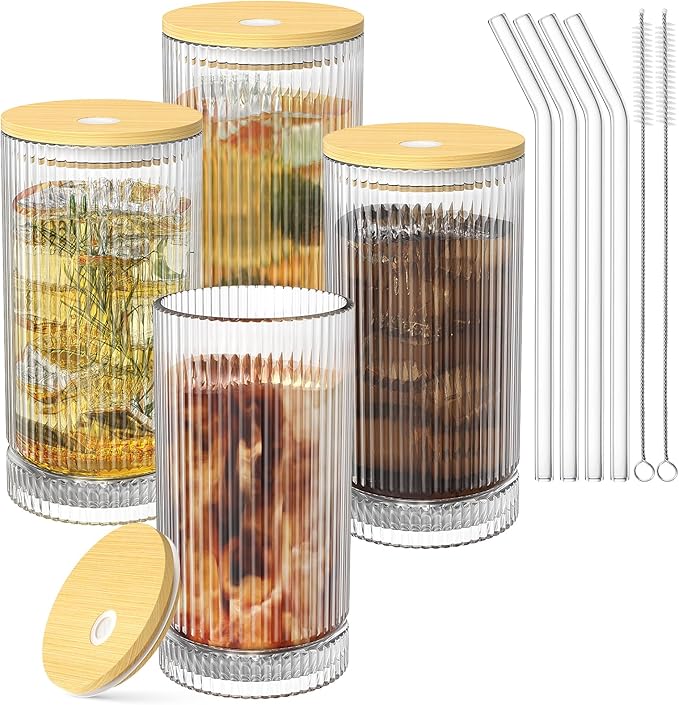 15 Oz Glass Cups with Lid and Straw, Iced Coffee Cups with Lid, Vintage Glassware for Whiskey Cocktail Beer (4 PACK)