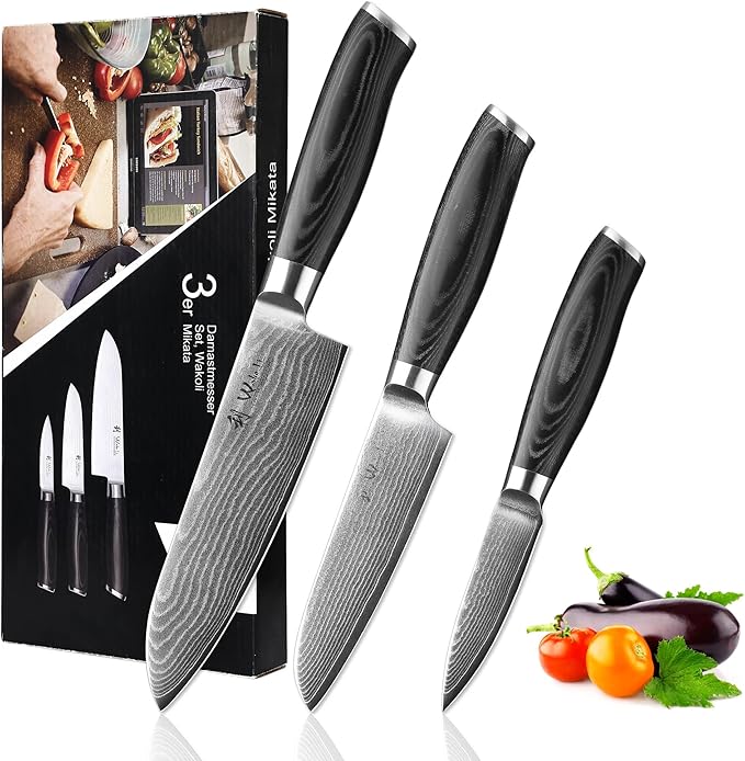 Wakoli MIK Damascus 3-Piece Knife Set – Japanese Style Kitchen Knives | Genuine Damascus Steel Blades with VG10 Core | Ergonomic Micarta Handles | Professional Chef Knife Gift Set in Elegant Box
