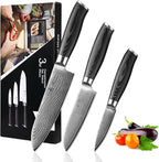 Wakoli MIK Damascus 3-Piece Knife Set – Japanese Style Kitchen Knives | Genuine Damascus Steel Blades with VG10 Core | Ergonomic Micarta Handles | Professional Chef Knife Gift Set in Elegant Box
