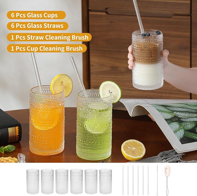 Large Vintage Hobnail Drinking Glasses Set of 6, 16oz Clear Highball Glasses Cups, Kitchen Water Glasses Cup, for Cocktail, Juice, Whiskey, Milk and Various Mixed Drinks