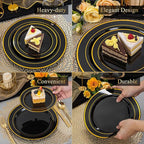 WDF 200PCS Black and Gold Plastic Plates - Black Plates Disposable for Party - Heavy Duty Plastic Plate for Halloween/New Year