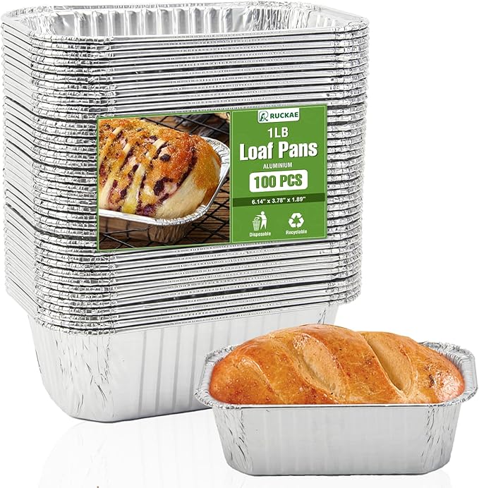 Ruckae 1lb Aluminum Mini Loaf Pans Silver Disposable Foil Mini Loaf Baking Pans Small Bread Tins for Party,Picnics,Gifts- 6" X 3.5" X 1.8" (100 pcs)