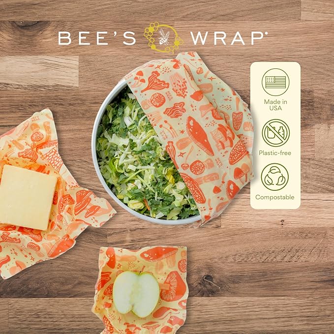Bee's Wrap Beeswax Wraps for Food - Mushroom Magic 3 Pack (S, M, L) Made in USA Reusable & Organic Food Wraps, Sandwich Wrap & Bowl Covers - Eco-Friendly Alternative to Aluminum Foil & Plastic Wrap