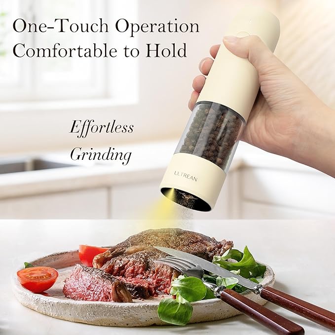 Ultrean Electric Pepper Grinder, Rechargeable Salt and Pepper Grinder with 6 Adjustable Coarseness, LED Light, One-Hand Automatic Operation, Cream