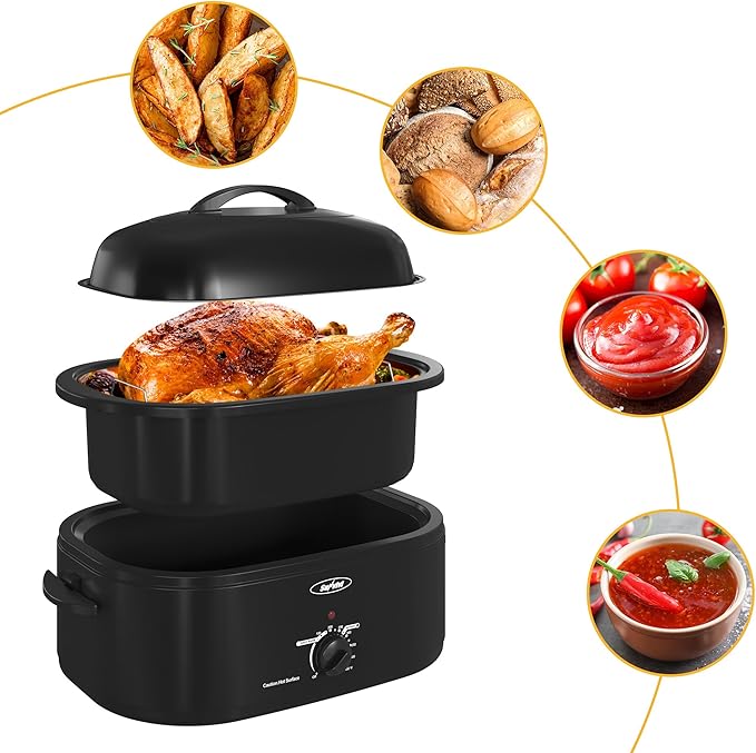 Sunvivi 18-Quart Roaster Oven with Self-Basting Lid, Electric Turkey Roaster Oven with Removable Pan and Rack, Stainless Steel, Black