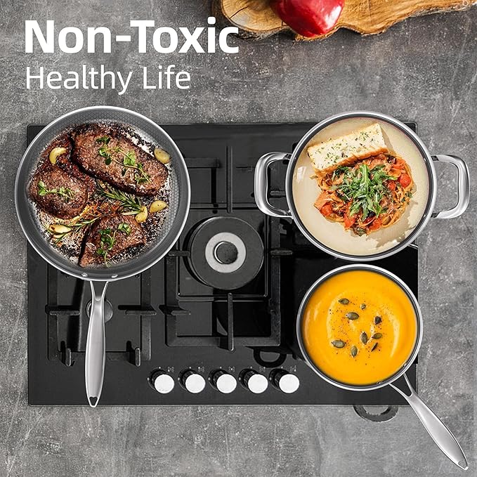 COOKER KING Stainless Steel Cookware Set, Pots and Pans Set Non Stick, Hybrid Ceramic Cookware, Frying Pans, Saucepans & Stock Pot with Glass Lid, Non-Toxic, Oven Safe, Induction Compatible