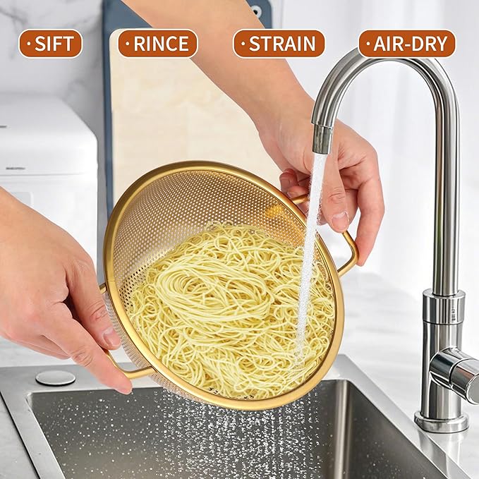 Golden Colander, 3QT Durable Stainless Steel Stainer for Pasta Noodle Rice Food Vegetables, Metal Drainer With Food Grade Surface For Easy Straining(Gold, 3QT)