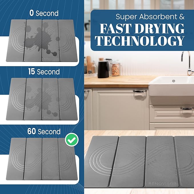 Premium Stone Dish Drying Mat – Large Foldable Kitchen Counter Mat, Super Absorbent Diatomaceous Earth with Coasters, Brush & Anti-Slip Pad – Fast Drying, Dark Gray Zen Design