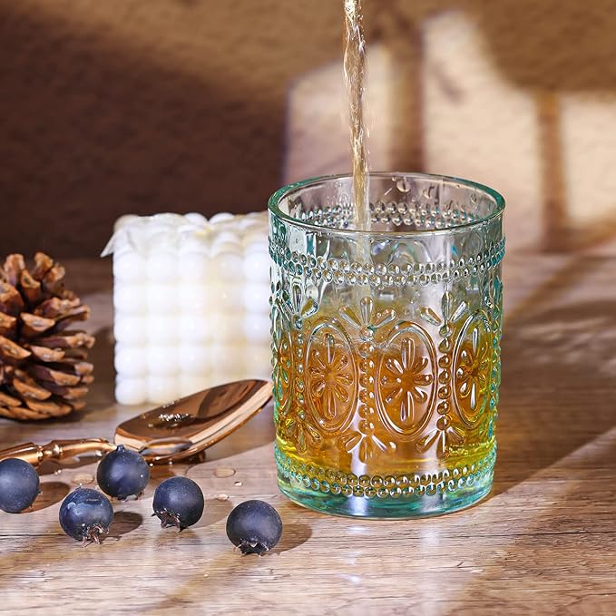 Glassware set of 4, Vintage Drinking Glasses, 10oz Heavy Duty Glass Cups, Colored Glassware Set, Embossed Glasses Set for Party Wedding Home Office Glassesware Gift