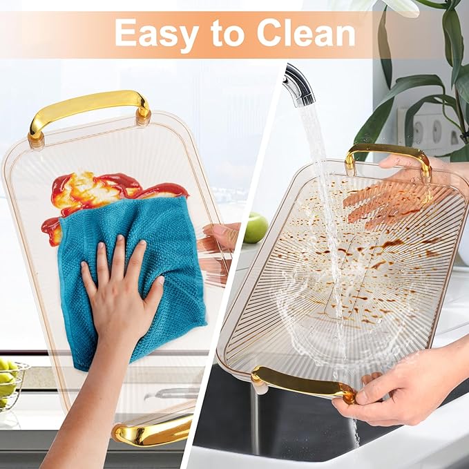 Set of 3 Serving Platters with Handles 16.5/15/13.2 Inch Reusable Large Serving Trays, Party Food Tray, Rectangular Dinner Plates for Cookie, Cake, Turkey, Cheese, Fruit, Snack(Amber)