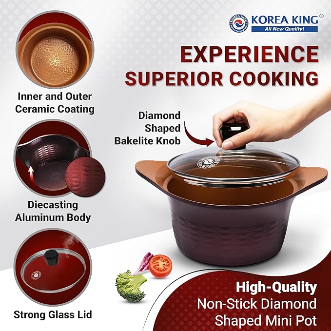 Premium Nonstick Cooking Pot with Glass Lid - Made in Korea - 1.5 Quarts Ceramic-Coated Simmer Pasta Pot, Multi Cookware Compatible for Ramen Noodle Soup, Stew, Rice, Dishwasher Safe