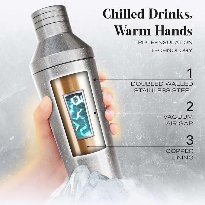 Insulated Cocktail Shaker Set | Double Wall Stainless Steel | Martini Shaker for Home Bar Bartending | Built-in Drink Measurement System & Strainer, Travel Bag, 35 Recipes | Gift Set (Antique Silver)