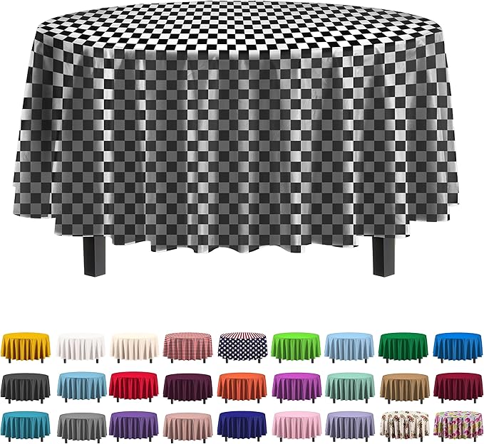 Exquisite Party Solids 12-Pack - Premium Plastic Tablecloth 84 Inch Round Table Cover - Checkered
