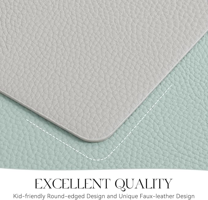MOSAYT Vinyl Placemats Set of 4, Heat Resistant Place Mats 100% Waterproof Washable & Wipeable Faux Leather Reversible Table Mats for Kitchen Dining Party Outdoor, 12" x 17", Light Grey/Aqua