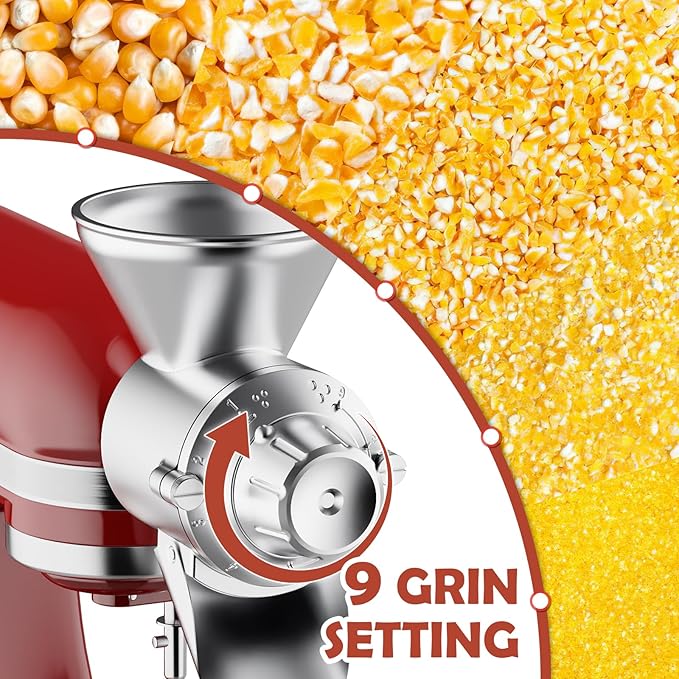 All Metal Grain Mill Attachment for Kitchenaid Stand Mixer, 9 Levels Grain Mill, Flour Mill, Fit for Non-Oily Dry Grain Corn, Coffee Bean, Buckwheat, Oats, Millet, Wheat and Other Cereals