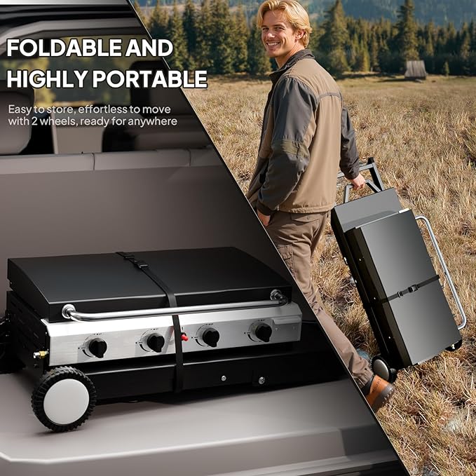 ROVSUN 4 Burner Foldable Propane Griddle with Wheels, Enameled Tray & Lid, 40000 BTU Portable Rolling Flat Top Gas Grill with Electronic Ignition & Regulator for Outdoor Cooking Camping BBQ Tailgating