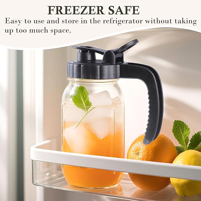 64 Oz Glass Mason Jar Pitcher With Lid 2 Quart Wide Mouth Cold Hot Water Pitcher Half Gallon Sun Tea Coffee Jug For Fridge Lemonade, Milk,Juice, Cold Brew Coffee Iced Tea Container Leakproof 2 Set