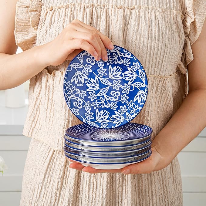 Ceramic Dessert Plates Set - 6 Inch Small Appetizer Plates for Kitchen - Salad Plate for Cake Snacks Side Dish, Microwave Dishwasher Safe, Gift, Vintage Blue